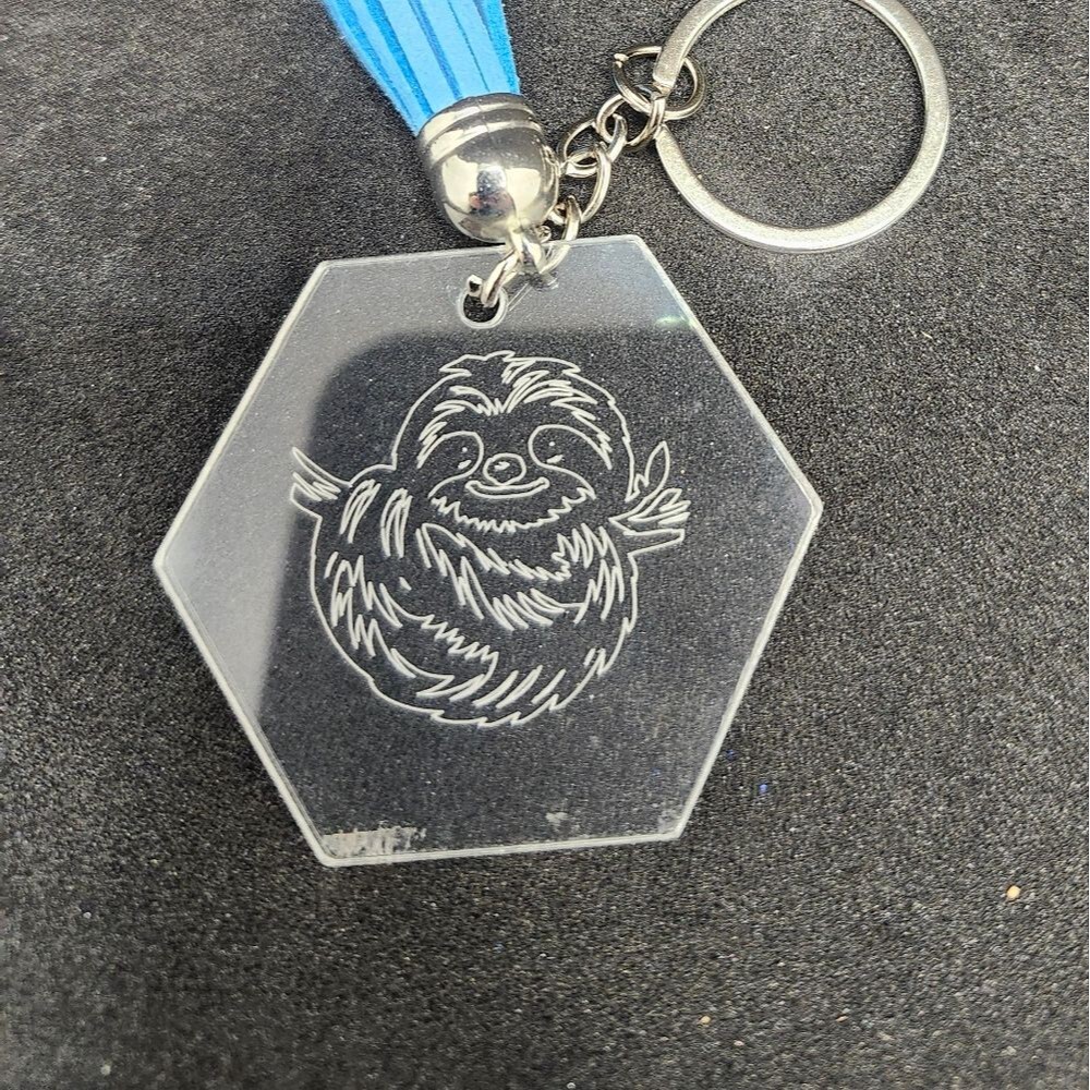 Hand Crafted Keychain Engraved Clear Acrylic Bag Charm, Zipper Pull Sloth